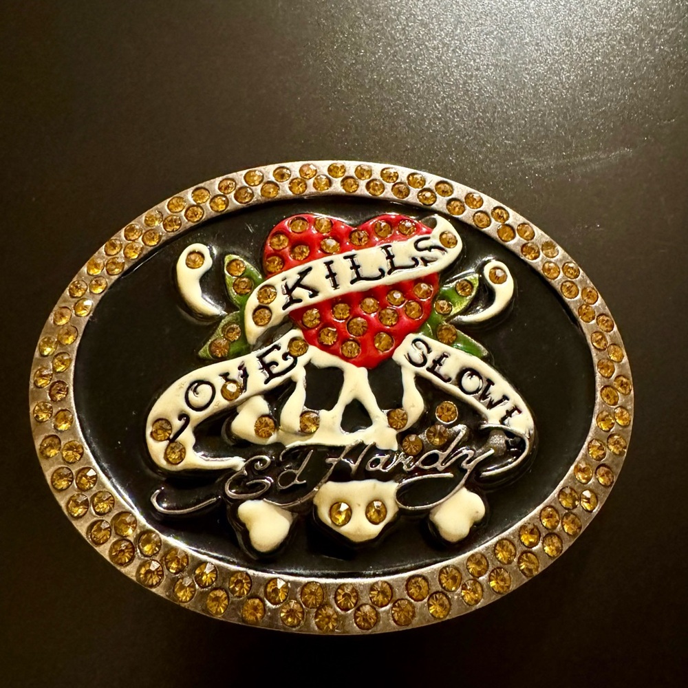 Vintage Y2K Ed Hardy Love Kills Slowly Belt Buckle with Red and Gold Accents